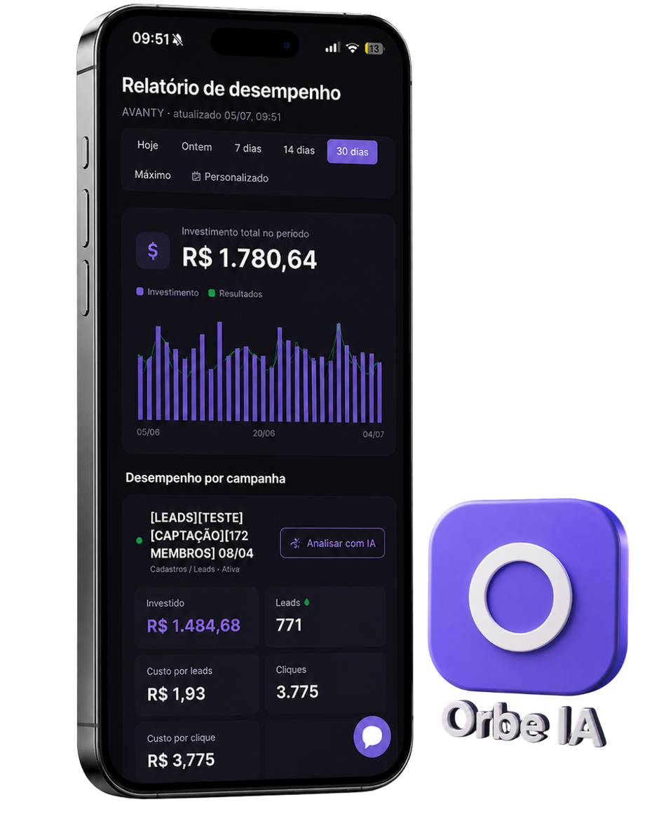 App da Orbe mostrando o relatório de desempenho em tempo real